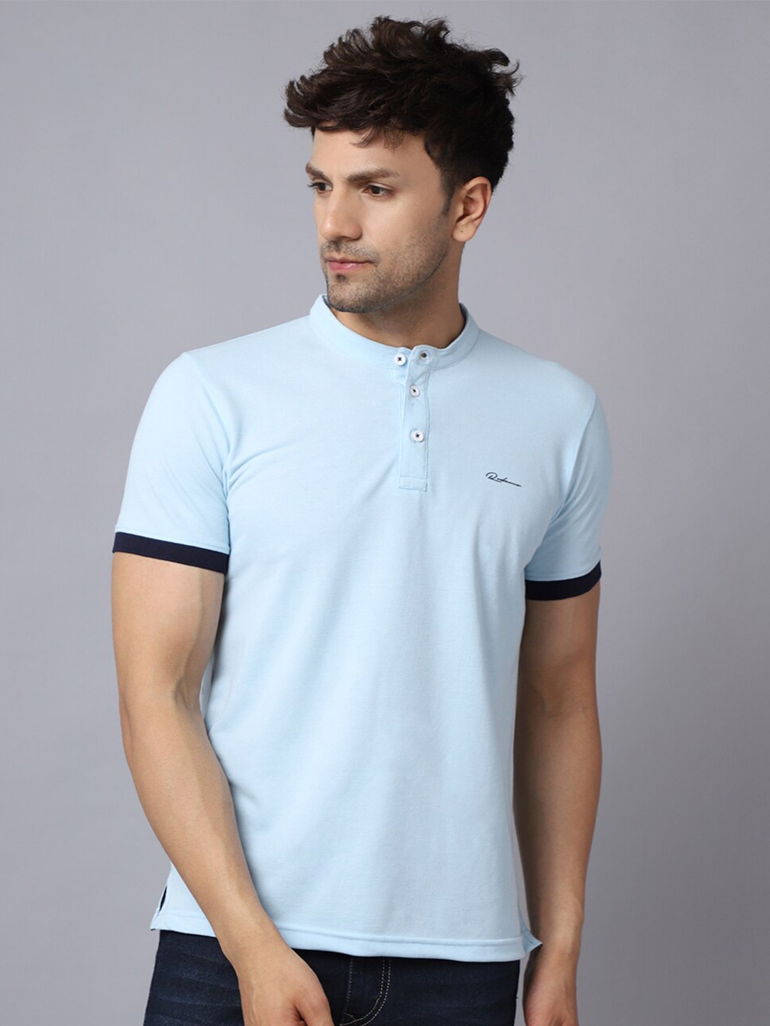 

Rodamo Men Blue Mandarin Collar Slim Fit T-shirt