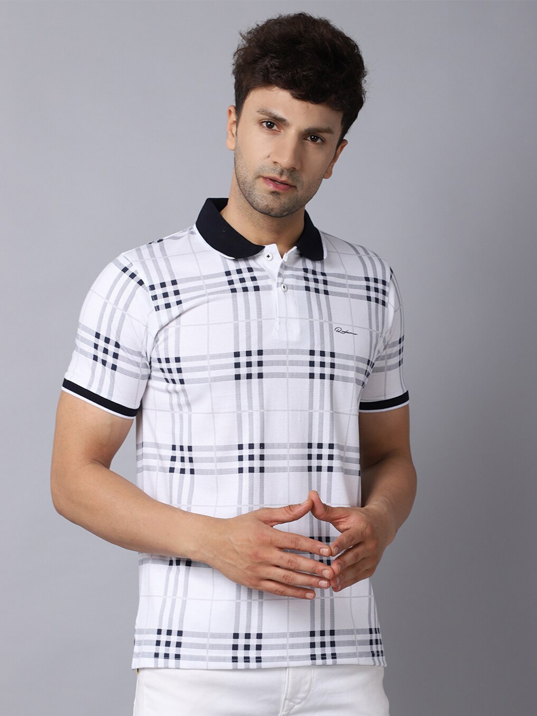 

Rodamo Men White Checked Polo Collar Slim Fit T-shirt