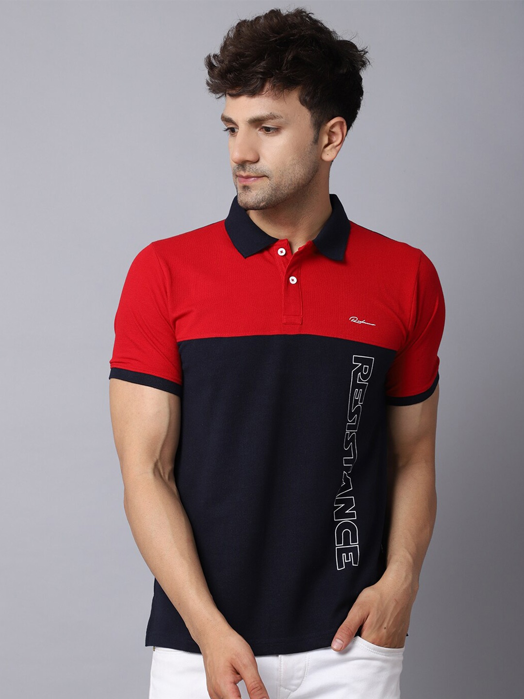 

Rodamo Men Navy Blue & Red Typography Polo Collar Slim Fit T-shirt