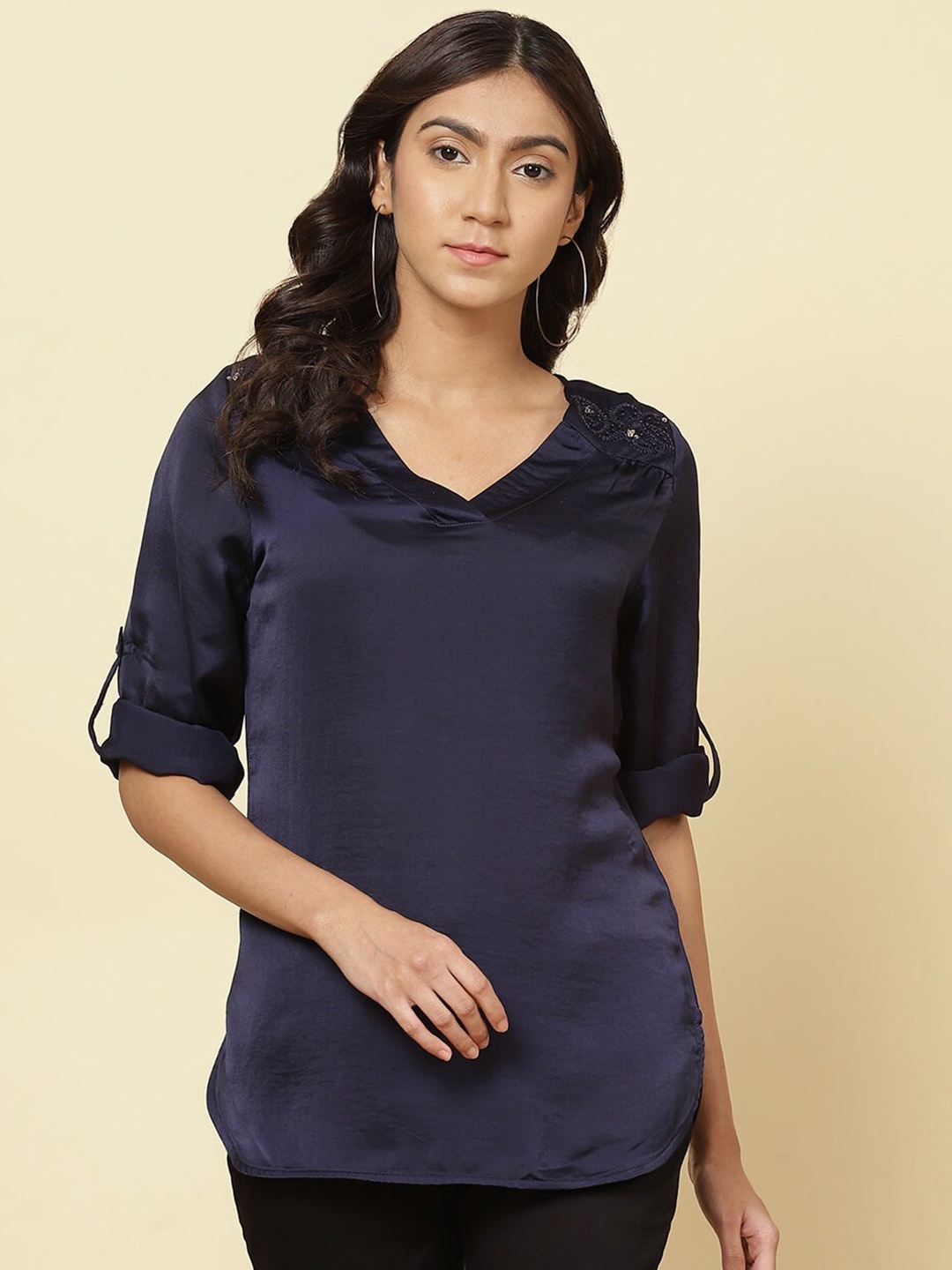 

Lakshita Blue & gothic grape Roll-Up Sleeves Satin Top