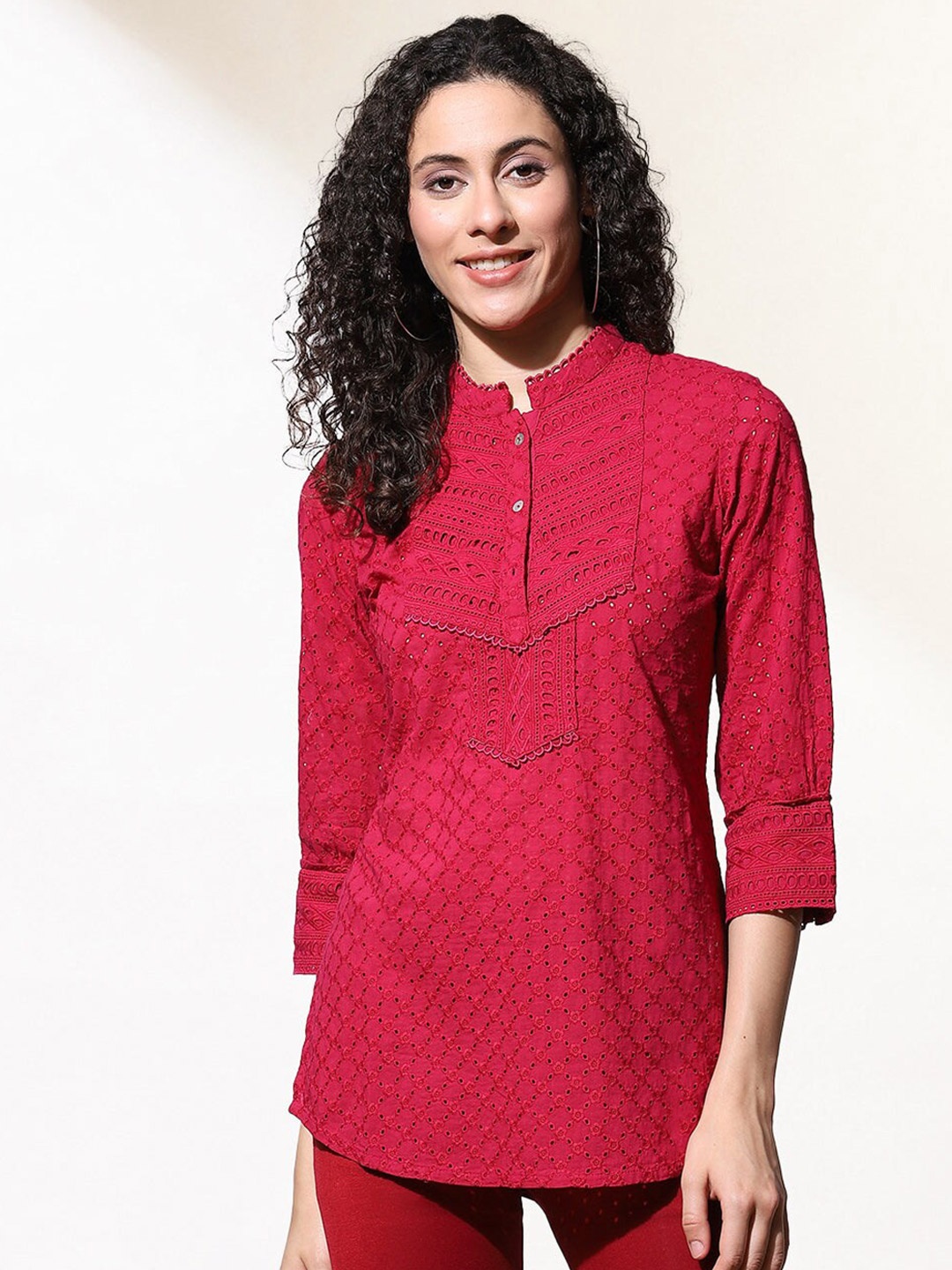 

Lakshita Women Red Mandarin Collar Schiffli Shirt Style Top