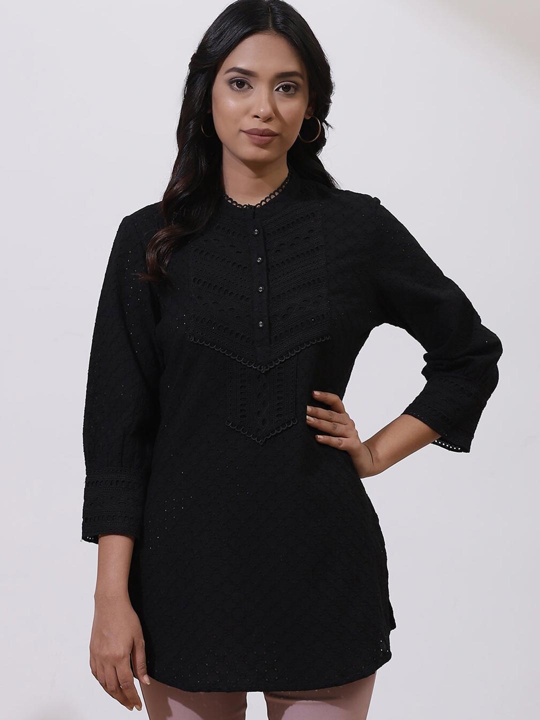 

Lakshita Black Mandarin Collar Schiffli Shirt Style Top