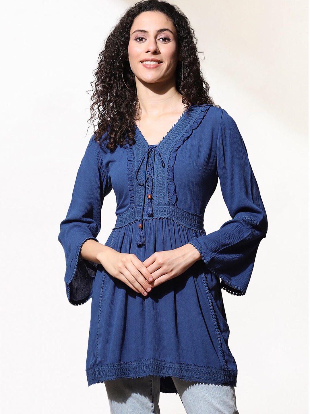 

Lakshita Blue & navy blue Tie-Up Neck A Line Top with Ruffle Detailing