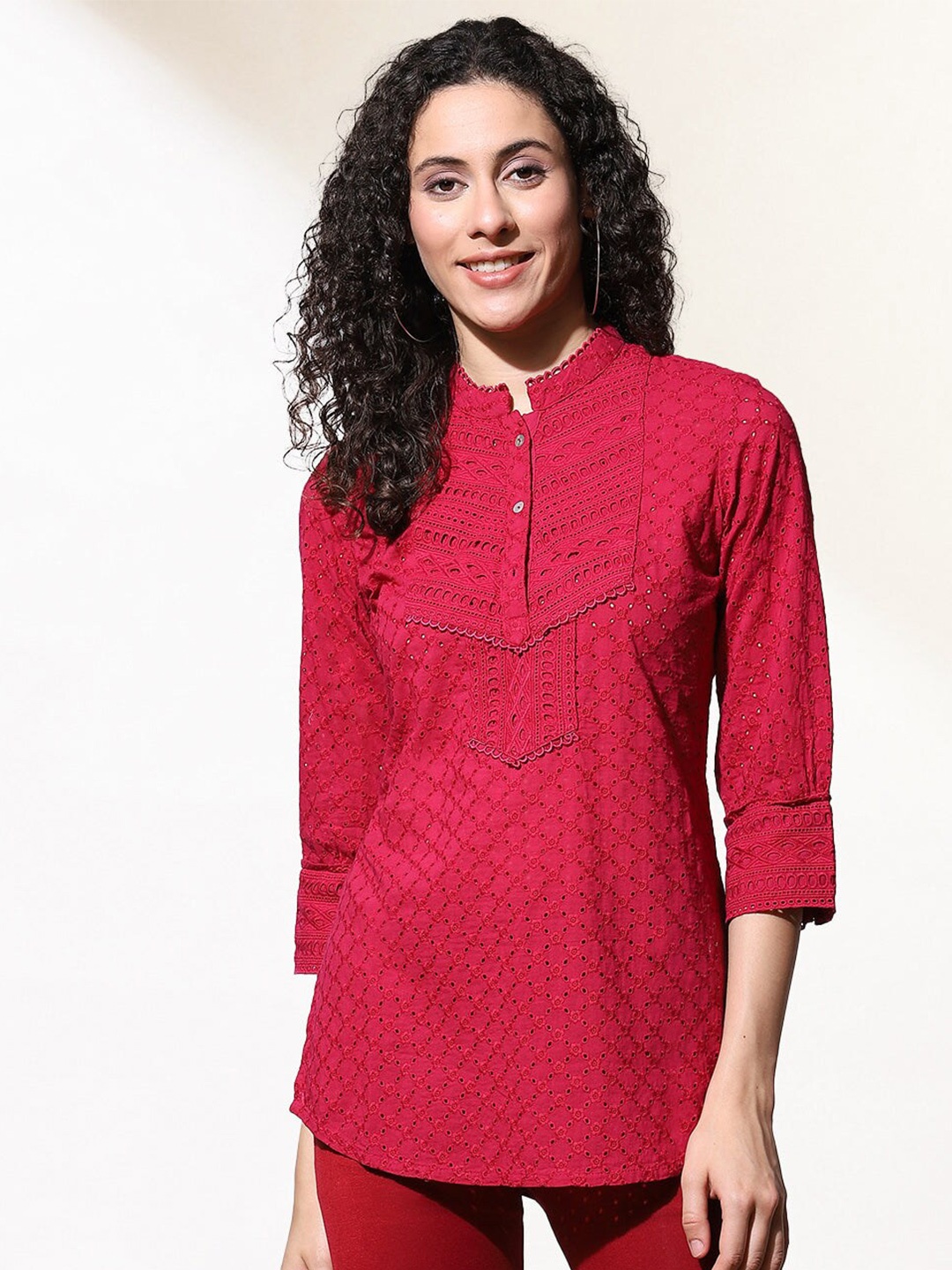 

Lakshita Women Red Floral Mandarin Collar Schiffli Shirt Style Top