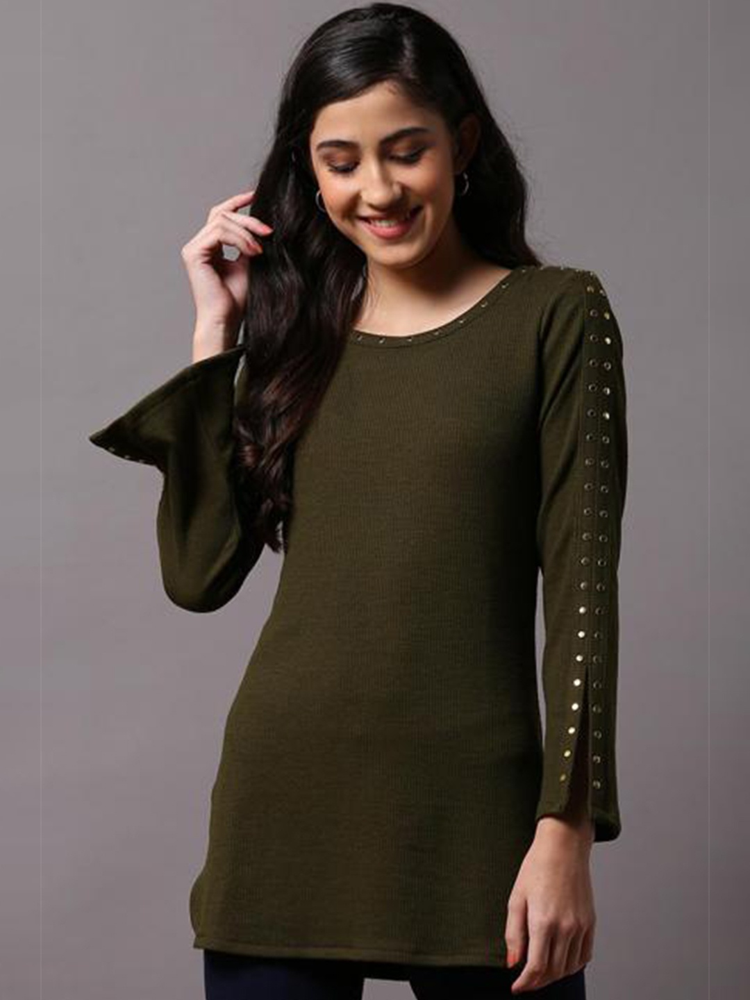 

Lakshita Olive Green Modal Embellished Embroidered Tunic