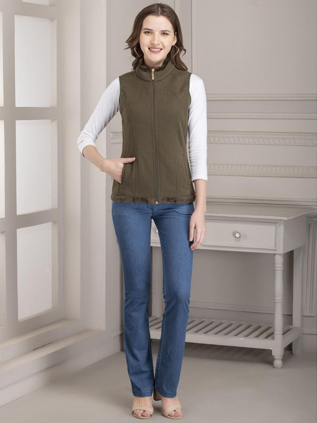 

Lakshita Women Olive Green Fleece Tailored Jacket