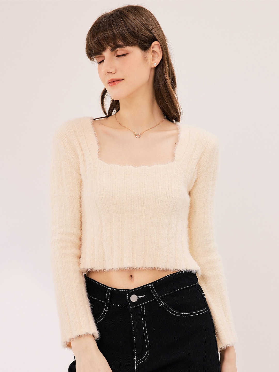 

URBANIC Women Peach-Coloured Crop Sweater