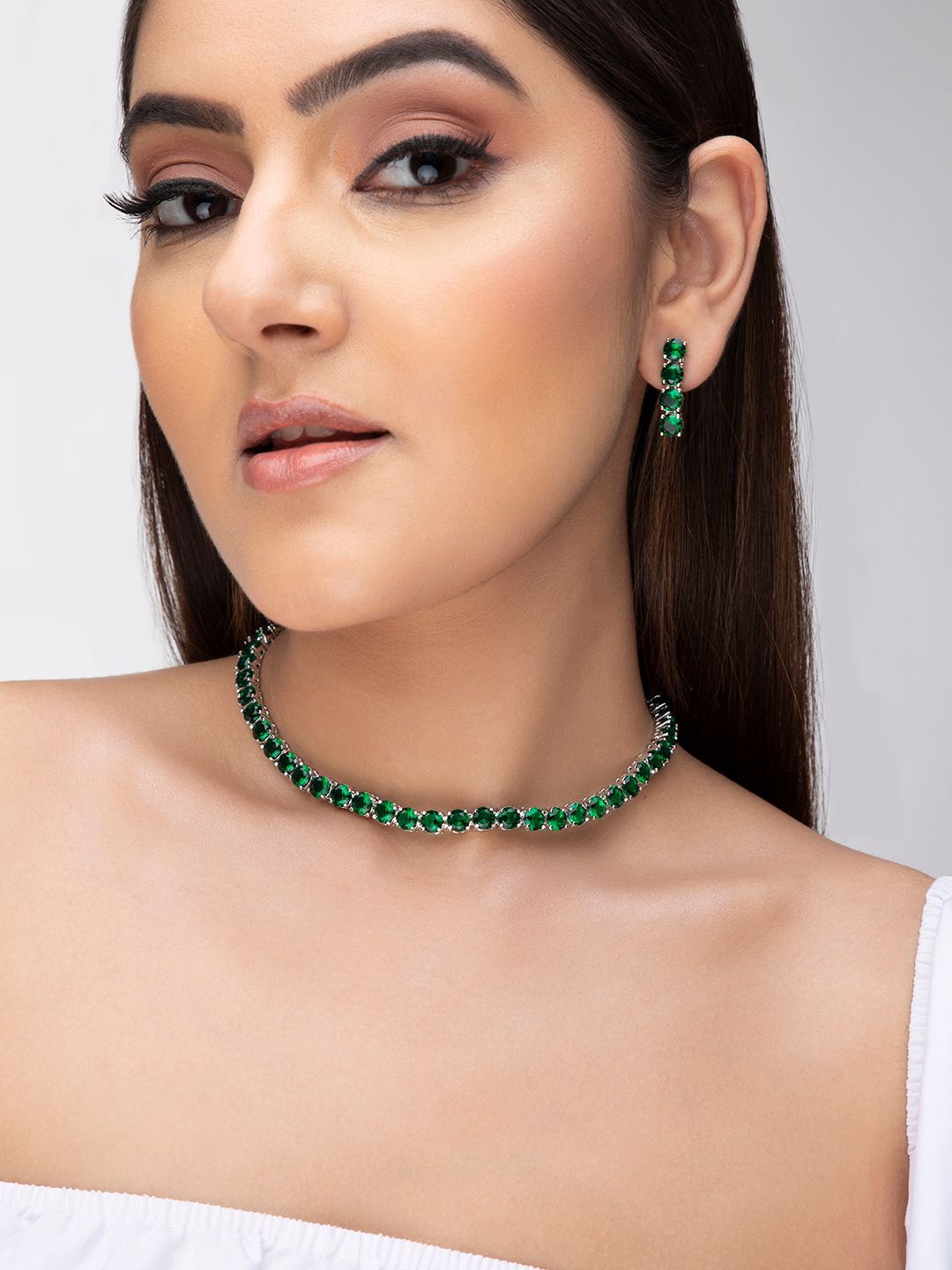 

Rubans Voguish Silver-Plated & Green Stone-Studded Jewellery Set