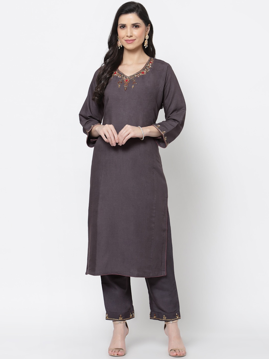 

DART STUDIO Women Grey & Red Gotta Patti Linen Kurta