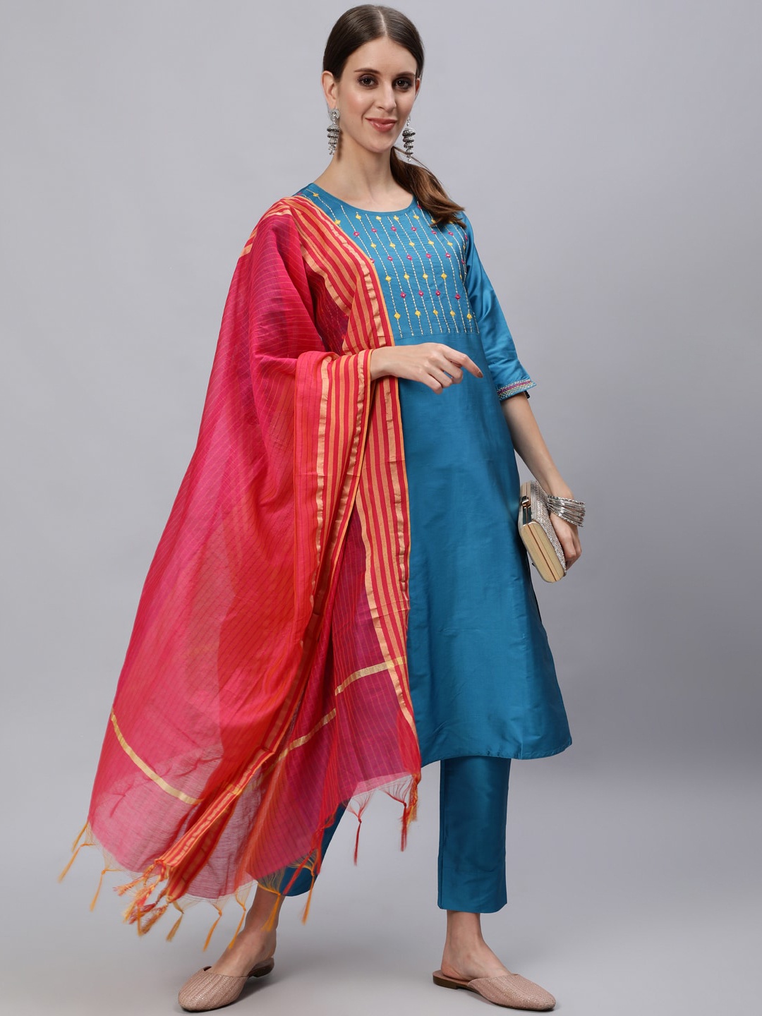 

Jaipur Kurti Women Blue Yoke Design Thread Work Kurta with Trousers & With Dupatta