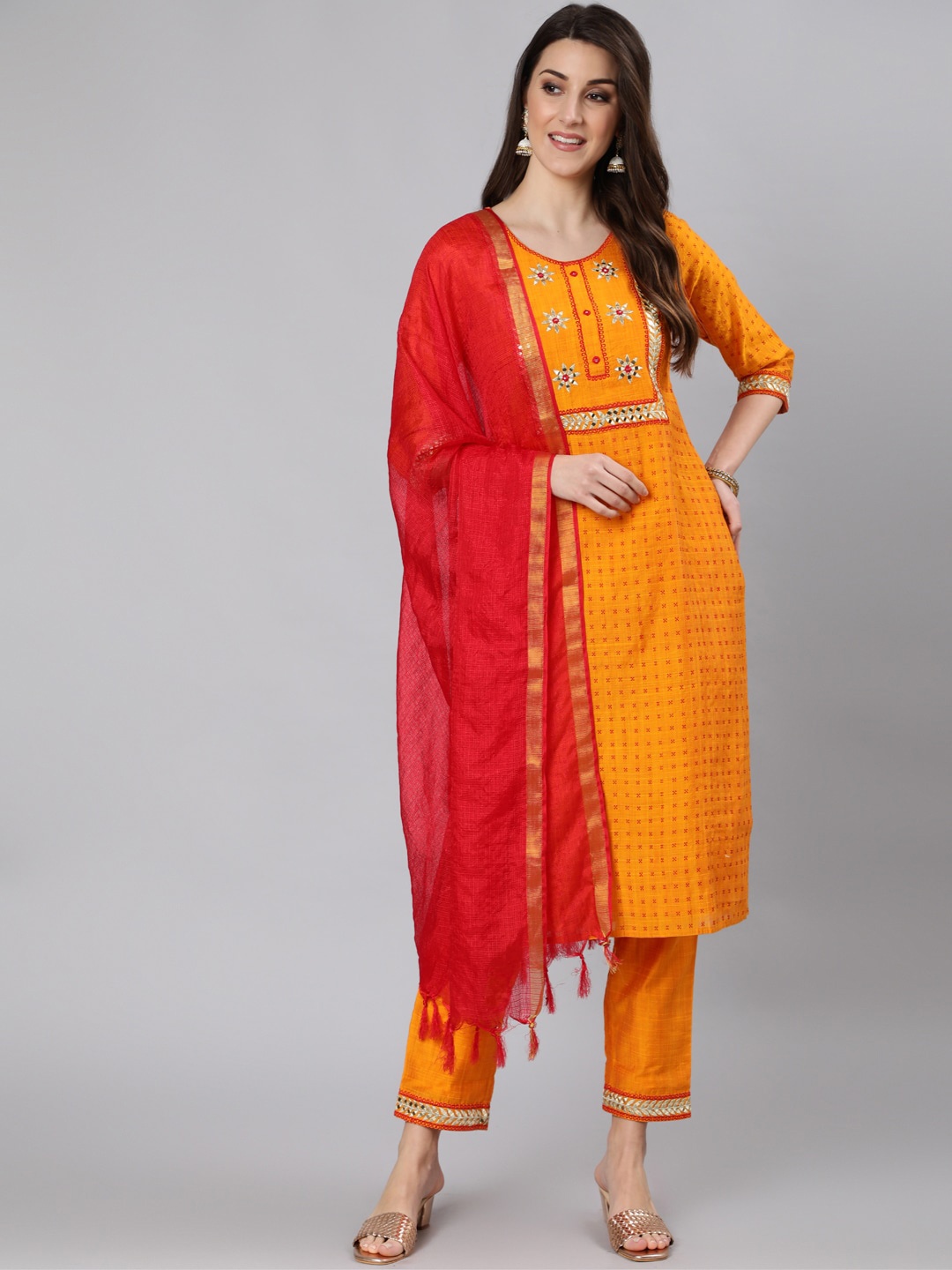 

Jaipur Kurti Women Mustard Yellow Ethnic Motifs Kurta with Trousers & With Dupatta