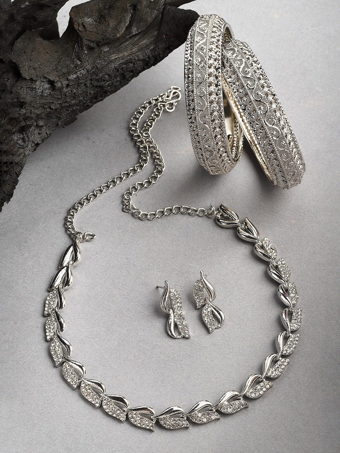 

ZENEME Silver-Plated American Diamond Studded Jewellery Set