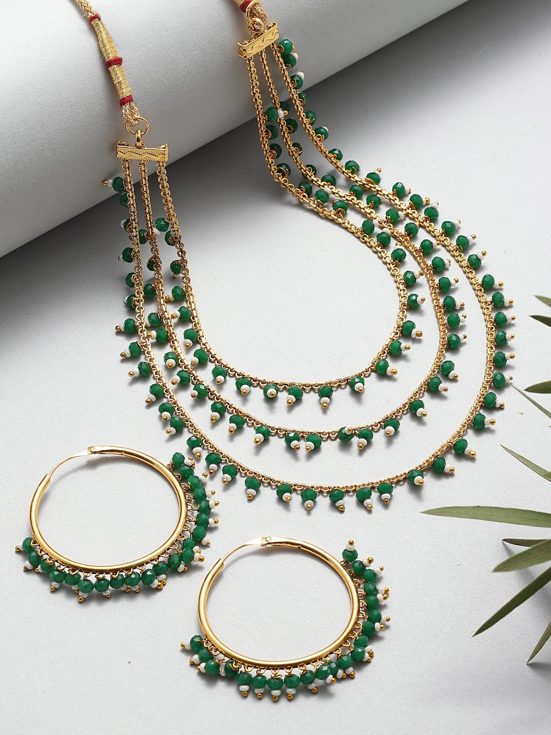 

ZENEME Gold-Plated Green Stone Studded & Beaded Jewellery Set