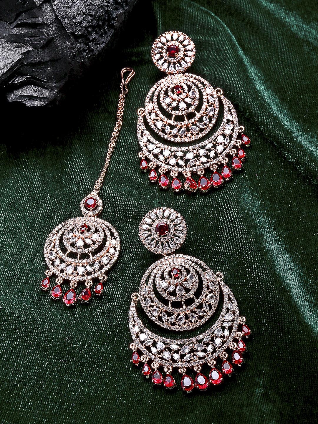 

Rose Women Red Rose Gold Plated AD Studded Round Maang Tikka with Chandelier Earrings