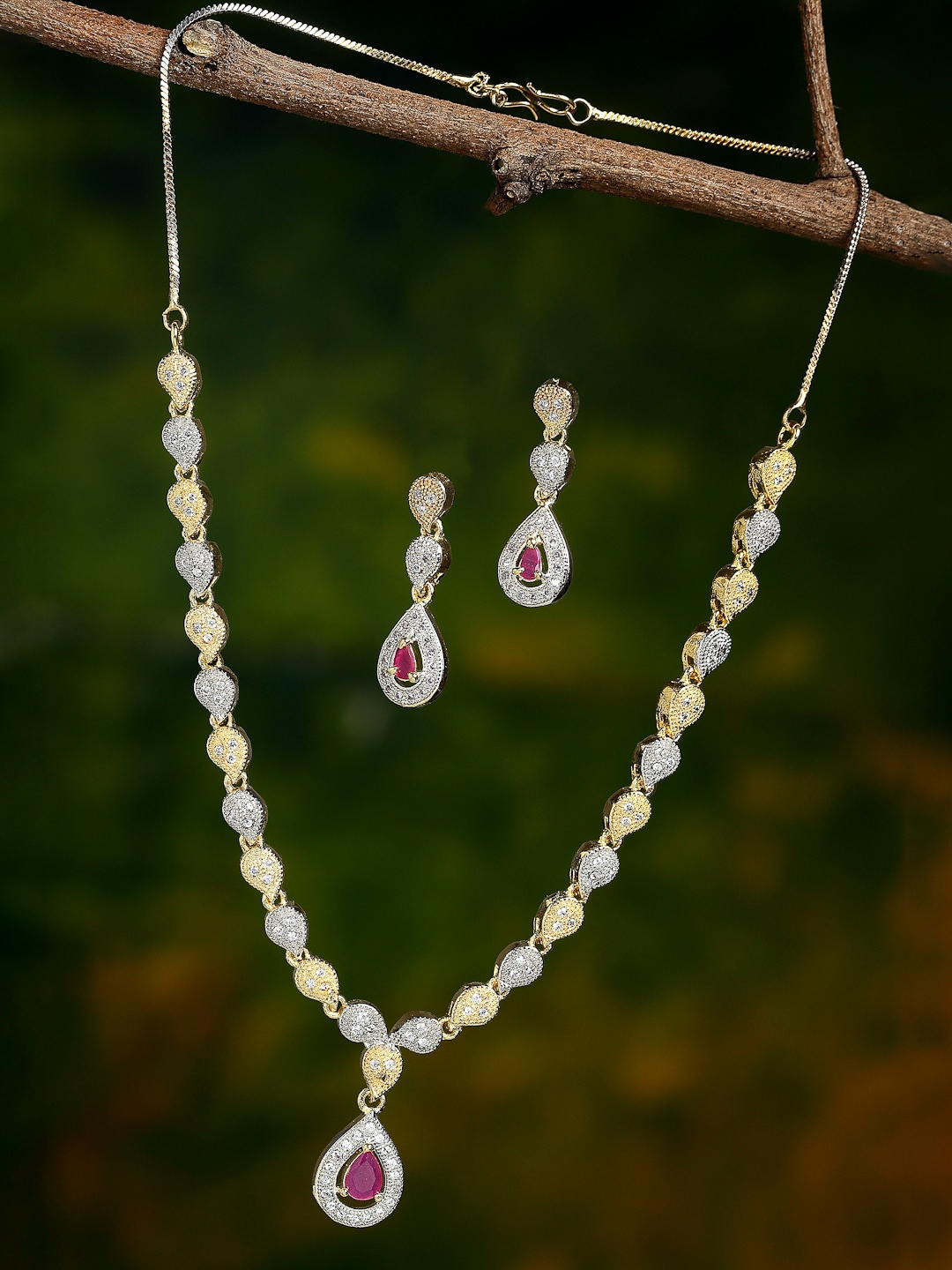 

ZENEME Women Gold-Plated White AD-Studded Drop Red Stone Dual Tone Jewelry Set