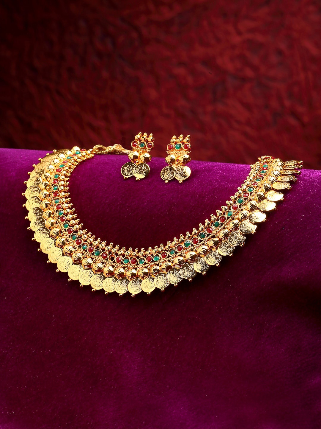 

ZENEME Gold-Plated Red & Green Stone Studded Necklace & Earring Temple Jewellery Set