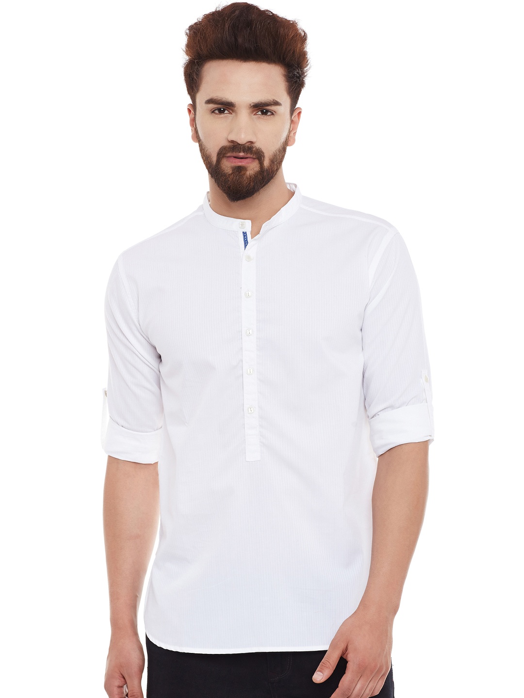 

even Men White Striped Short Straight Kurta