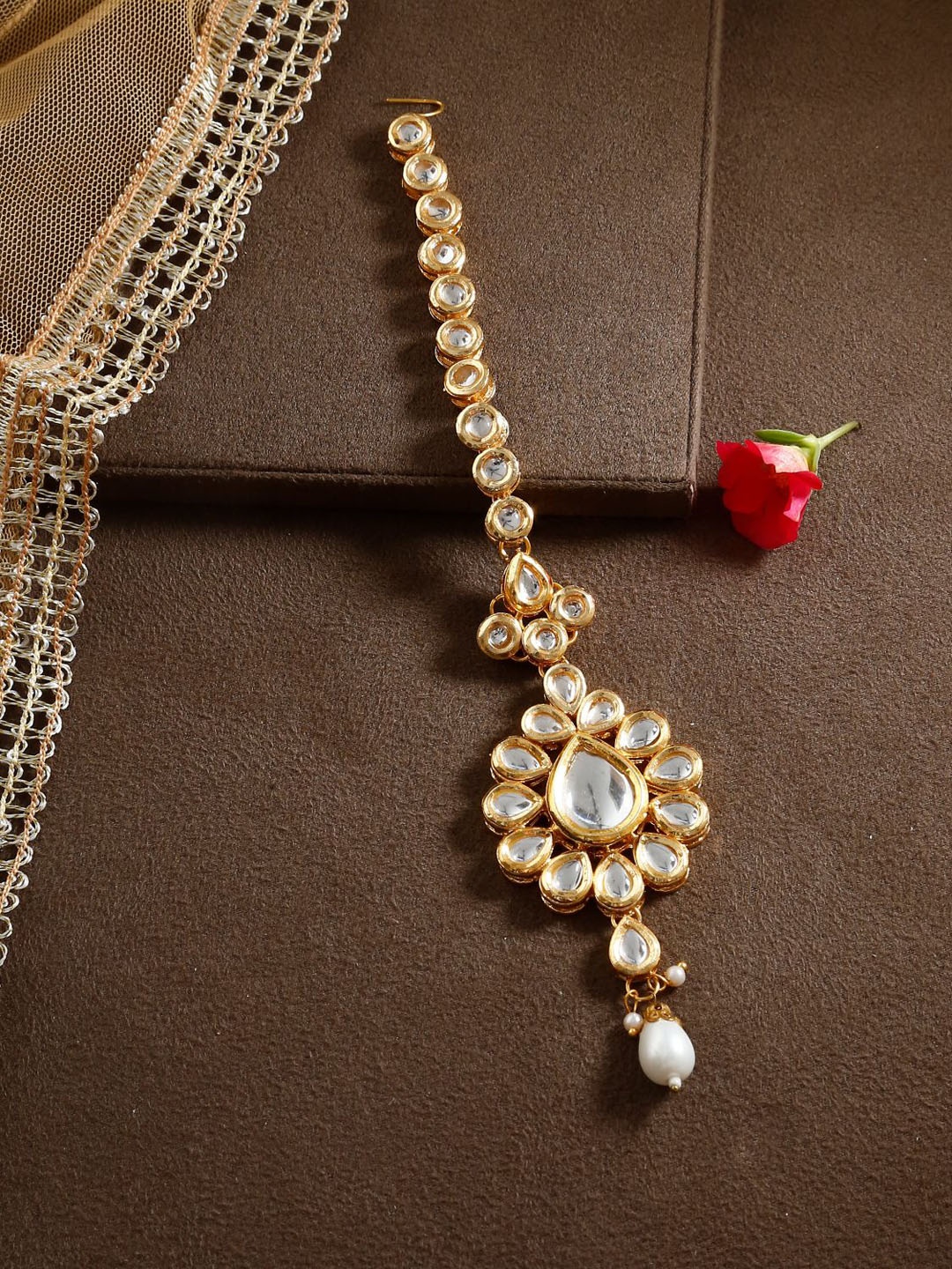 

Bamboo Tree Jewels Gold-Plated Gold Kundan Studded Maang Tikka Head Jewellery