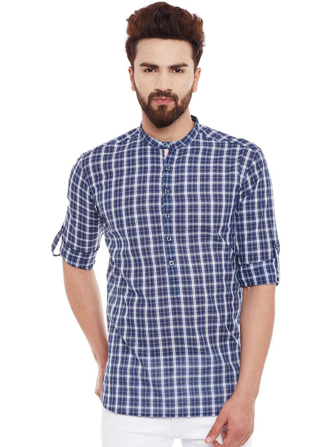 

even Men Blue & White Checked Short Straight Kurta