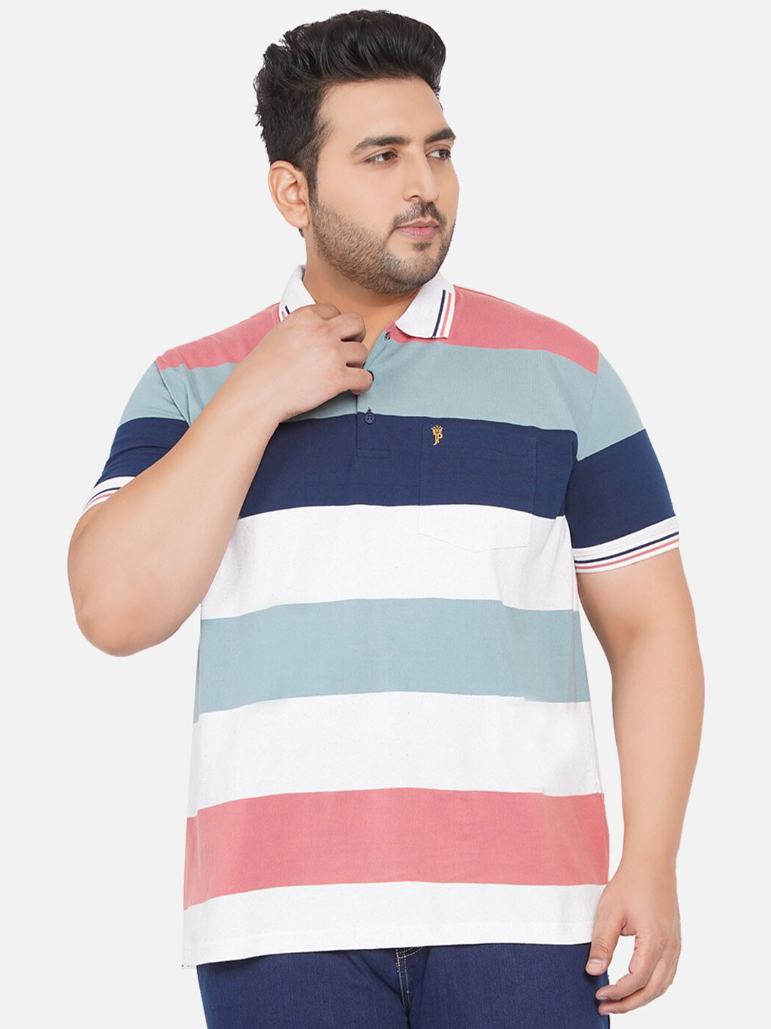 

John Pride Men White & Blue Striped Polo Collar T-shirt