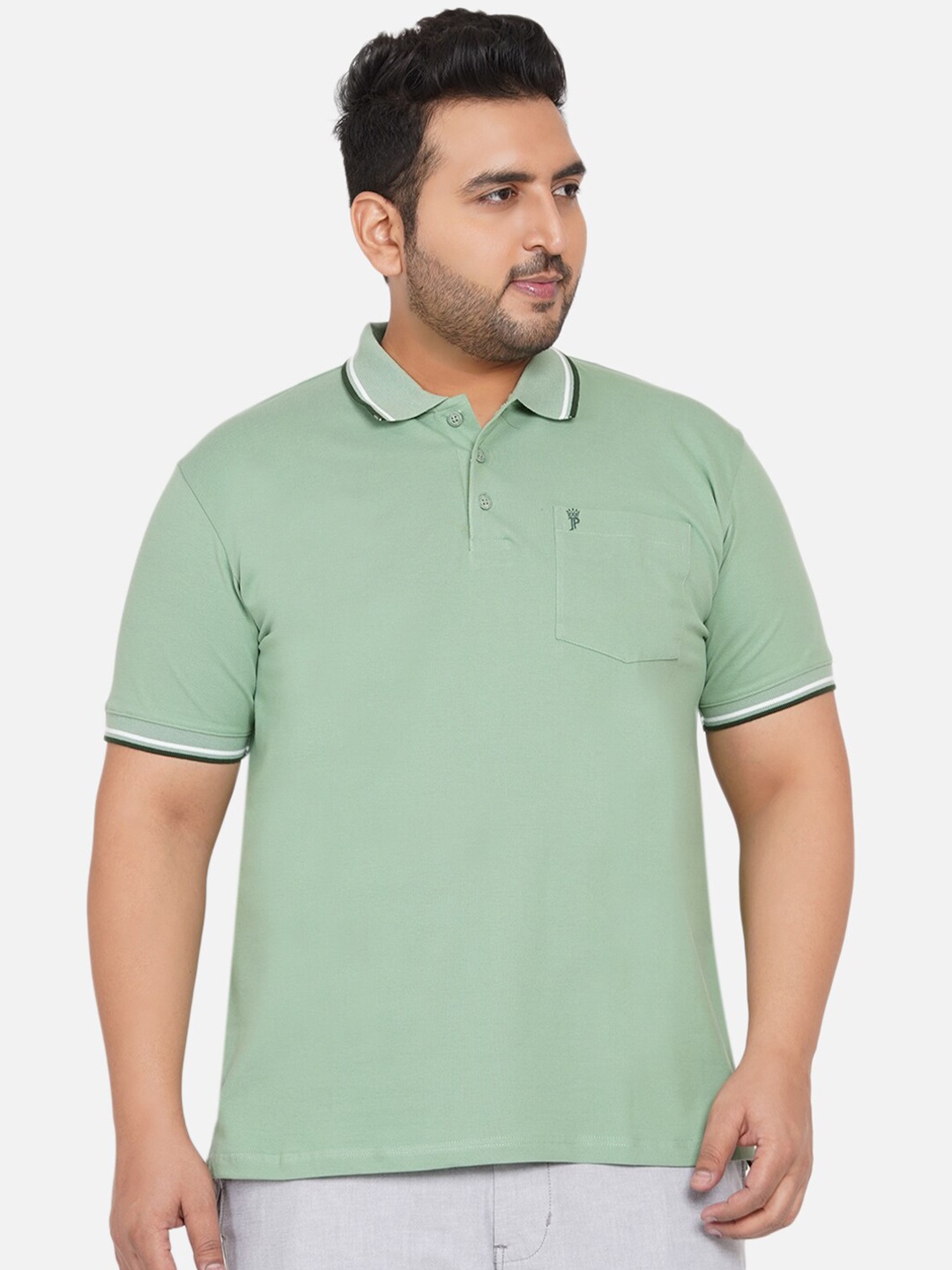 John Pride Men Plus Size Sea Green Polo Collar T-shirt