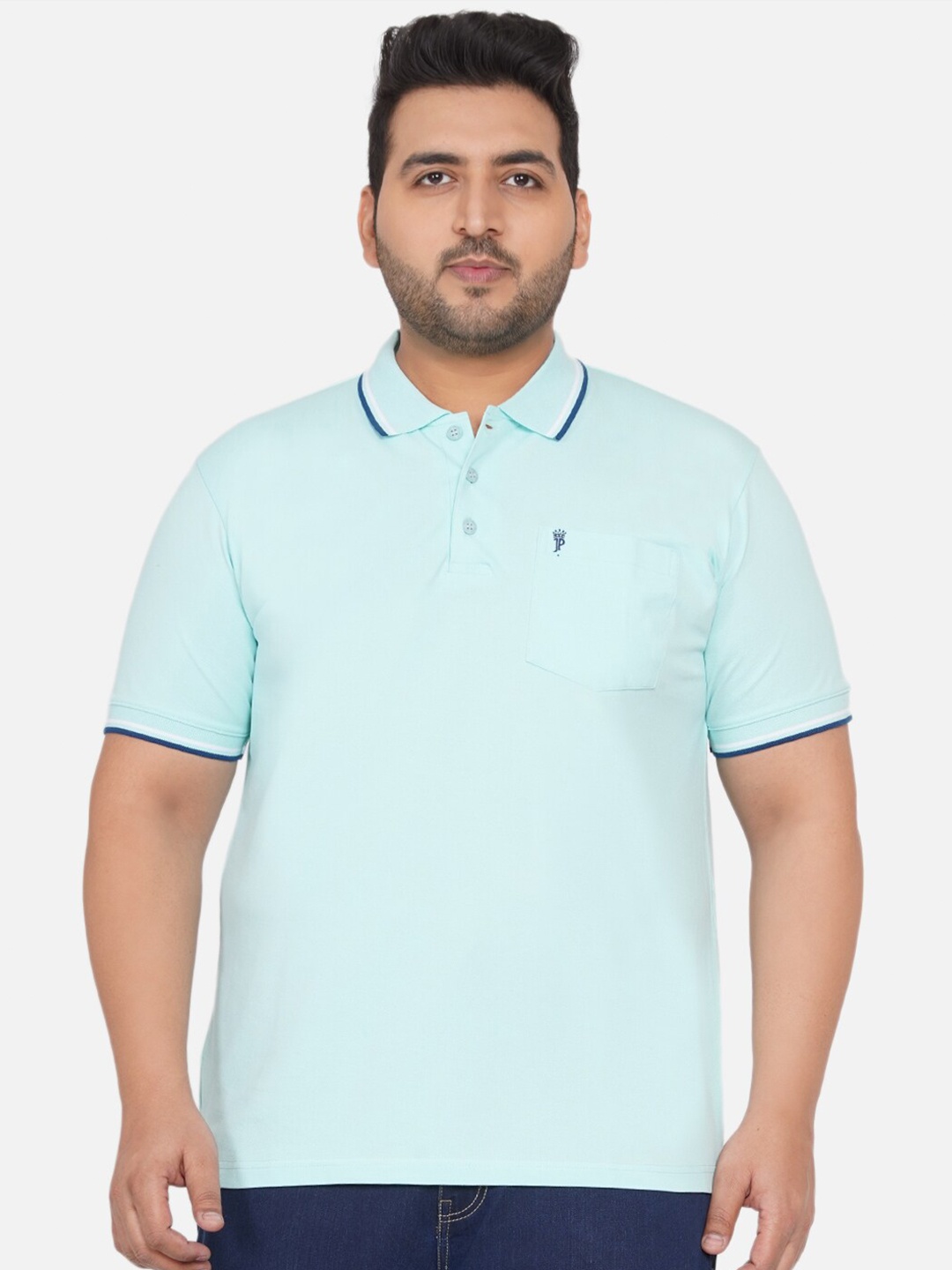 

John Pride Plus Size Men Turquoise Blue Polo Collar T-shirt