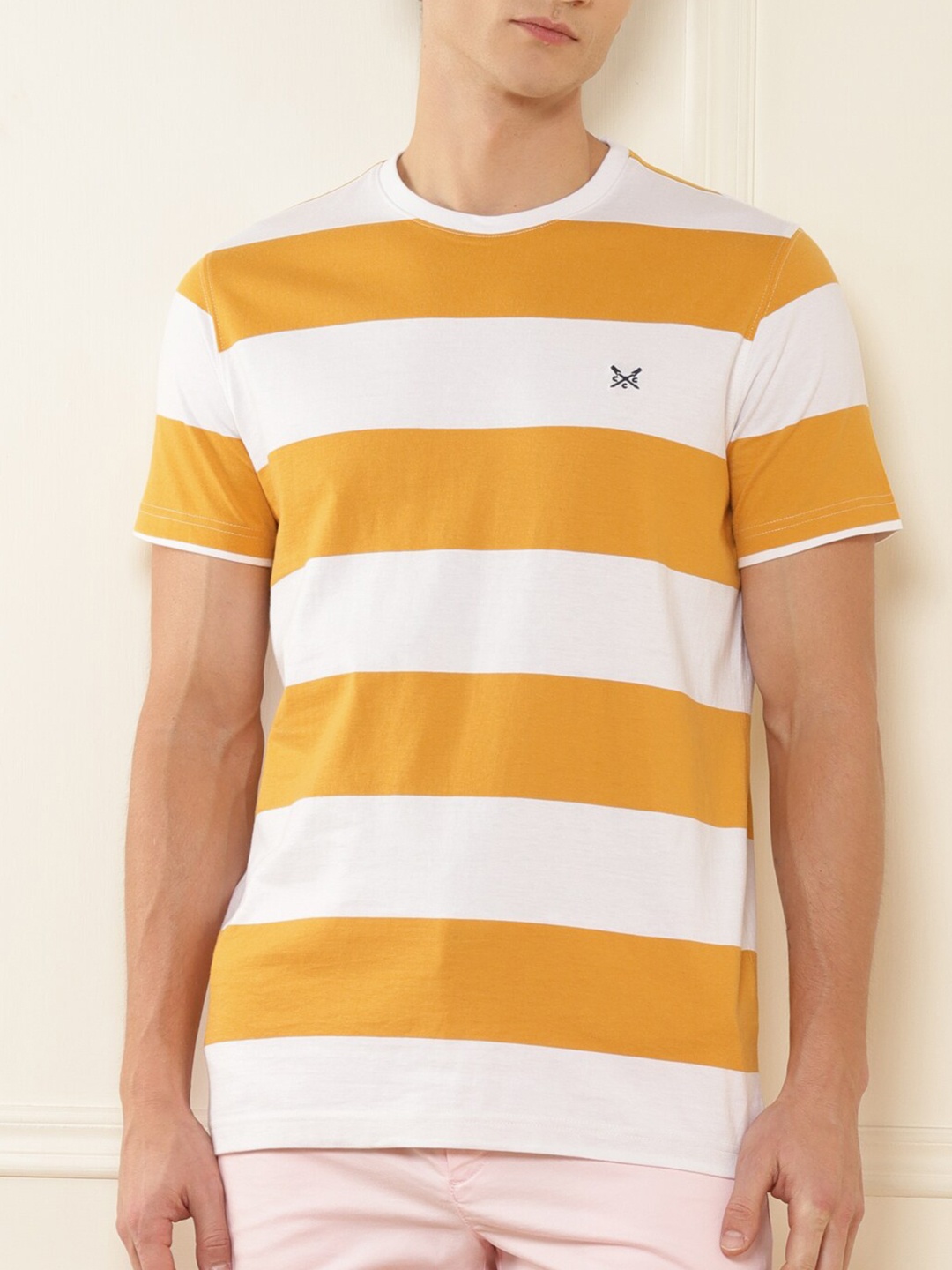 

Crew Clothing Men Yellow & White Striped Cotton T-shirt