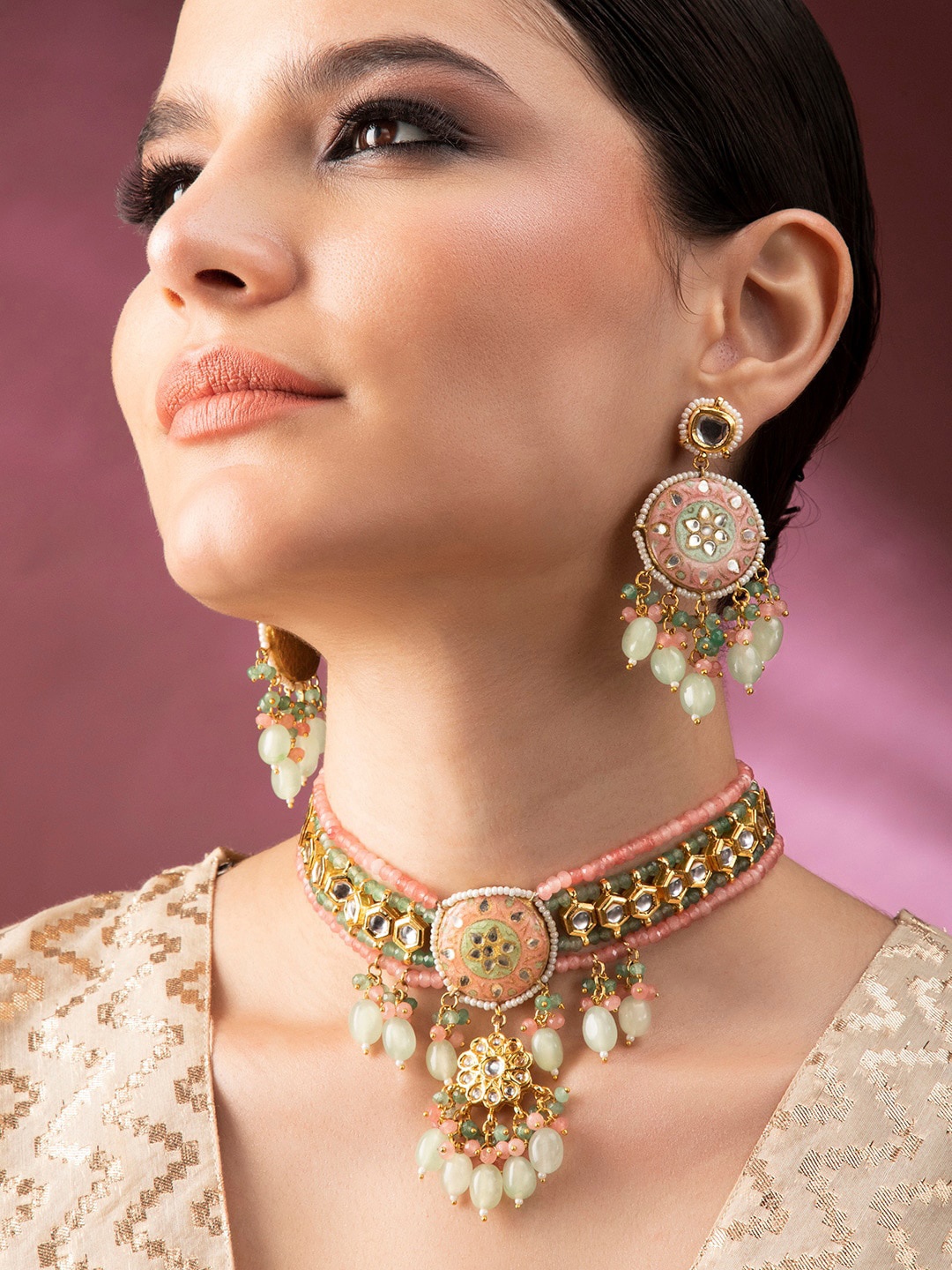 

Rubans Gold-Plated Green & Pink Kundan Studded Choker Jewellery Set
