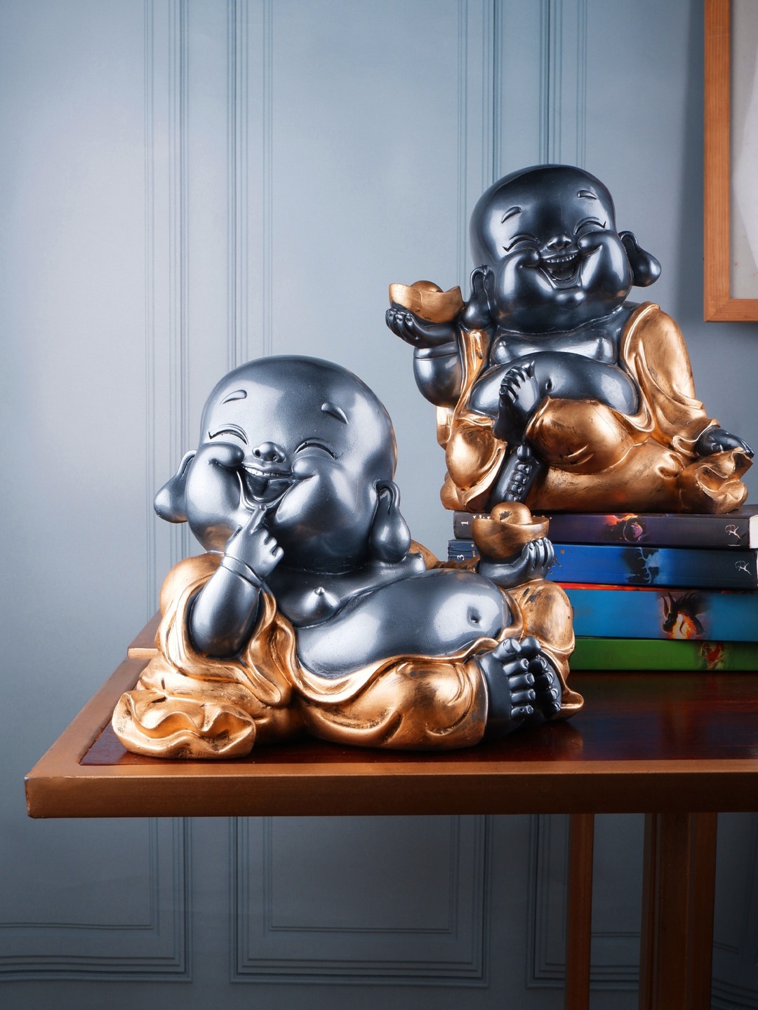 

THE WHITE INK DECOR Grey & Gold Set of 2 Monk Figurines