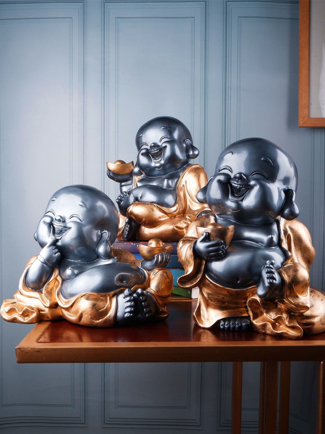 

THE WHITE INK DECOR Set of 3 Grey & Gold-Toned Monk Figurine Showpiece