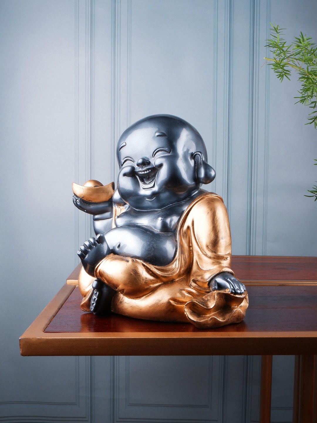 

THE WHITE INK DECOR Grey & Gold-Toned Polyresin Monk Showpieces