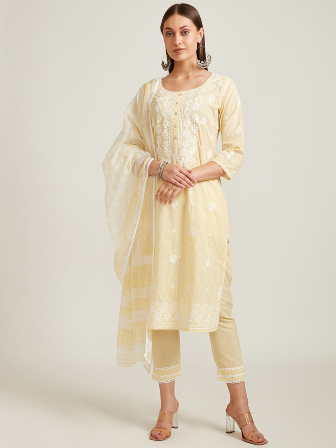 

Neerus Women Yellow Ethnic Motifs Kurta with Trouser And Dupatta
