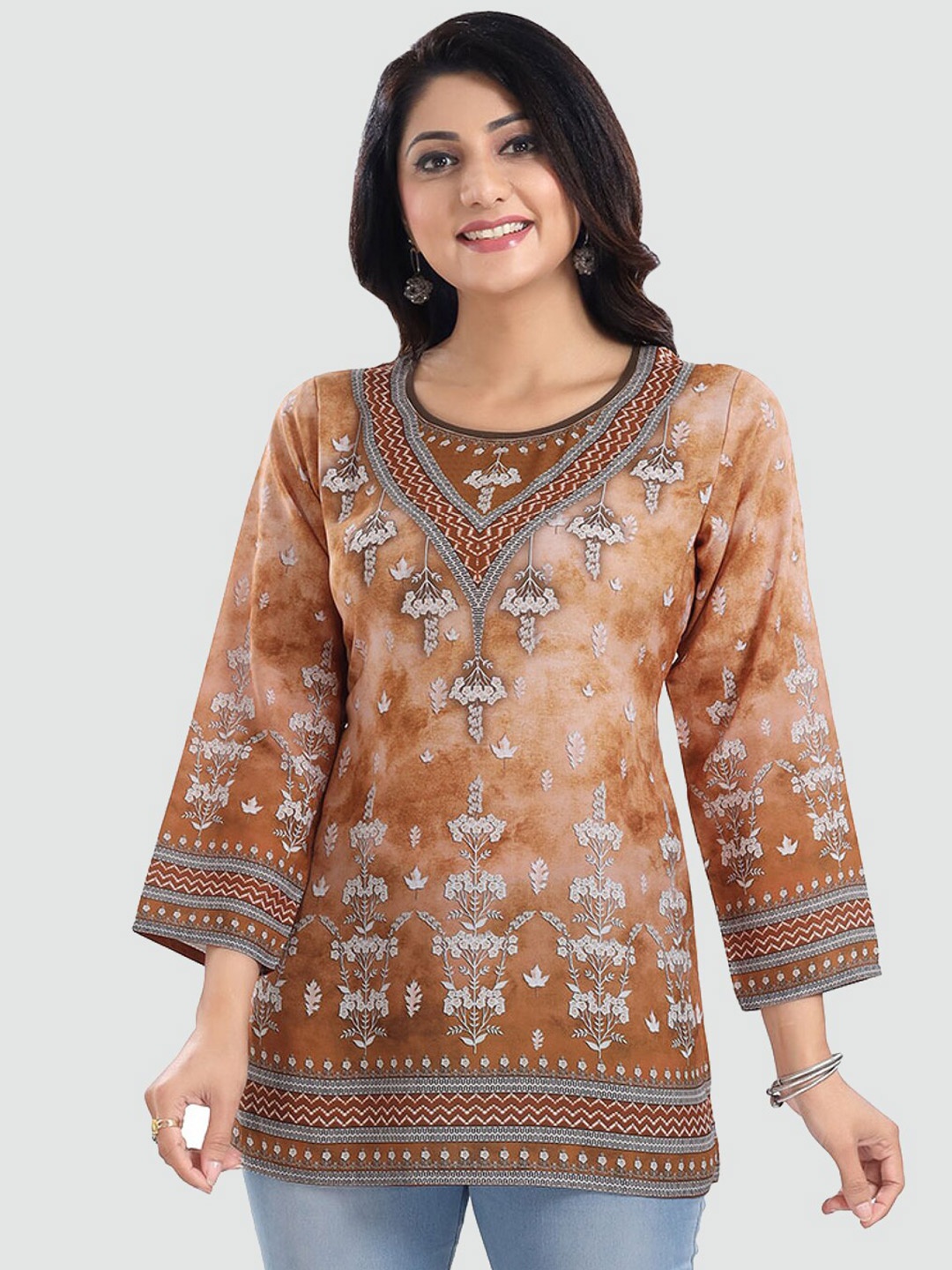 

Saree Swarg Brown & Grey Ethnic Motifs Printed A-line Kurti