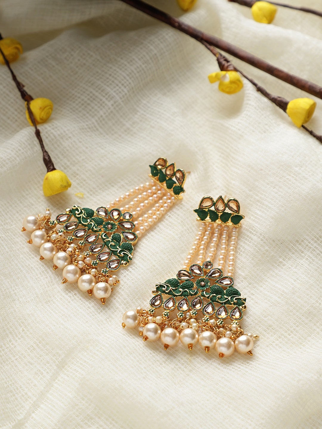 

CARDINAL Women Gold & Green Pearl Contemporary Drop Earrings