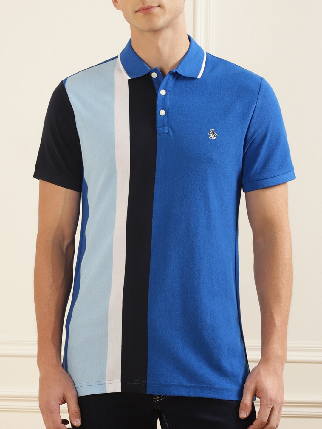 

Original Penguin Men Blue Striped Polo Collar T-shirt