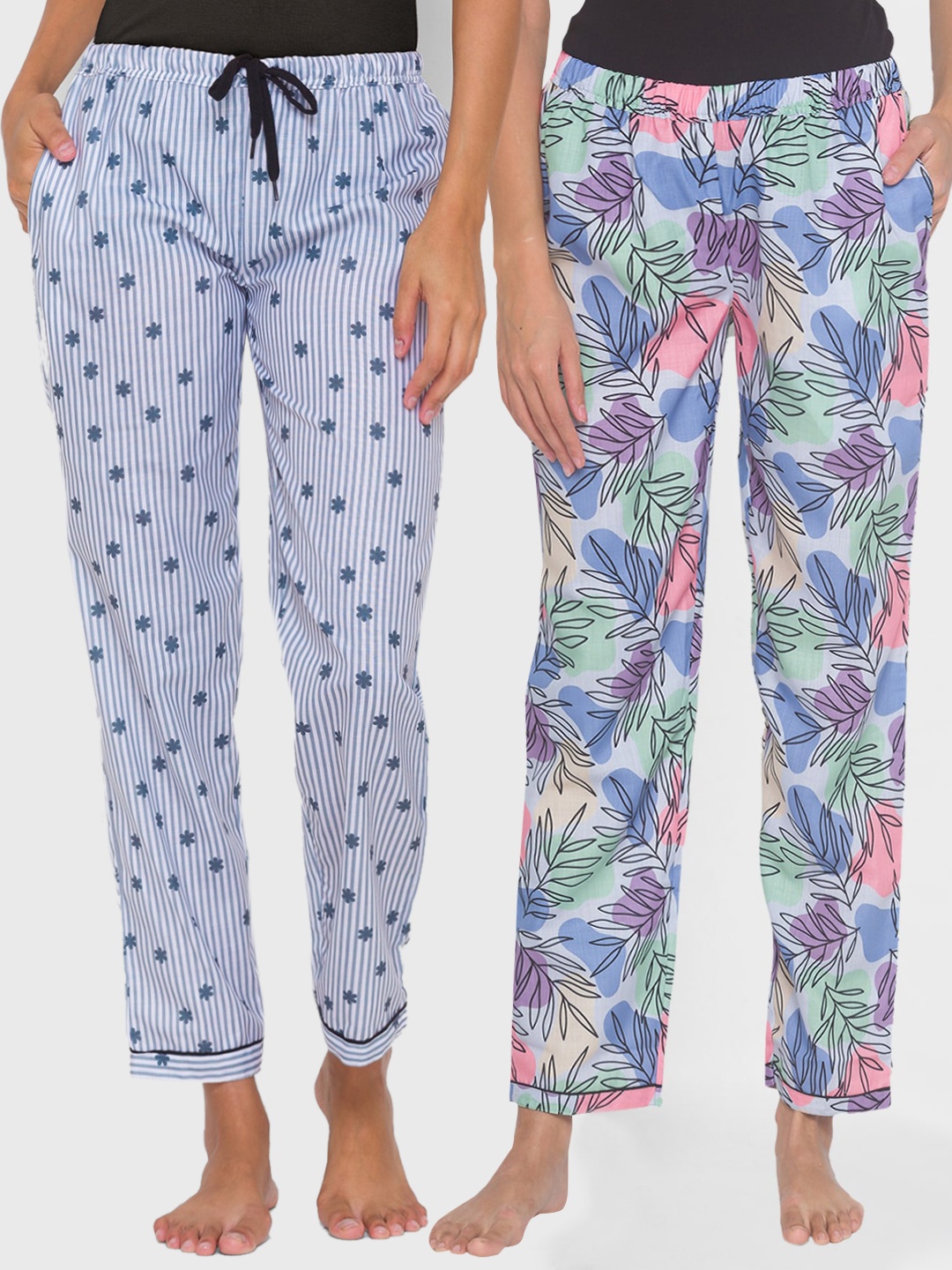 

FashionRack Women Pack of 2 Blue & Multicoloured Printed Lounge Pants