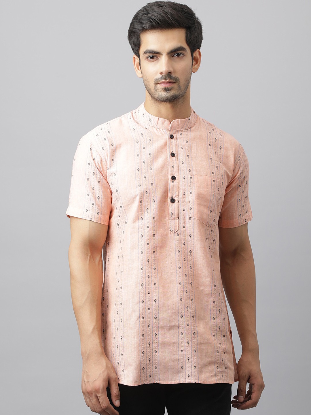 

Waahiba Men Peach-Coloured Printed Cotton Regular Fit Half Kurta