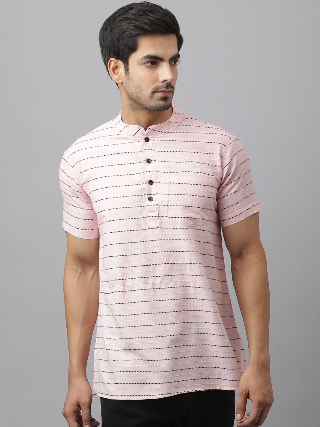 

Waahiba Men Pink Horizontal Stripe Cotton Regular Fit Half Handloom Kurta