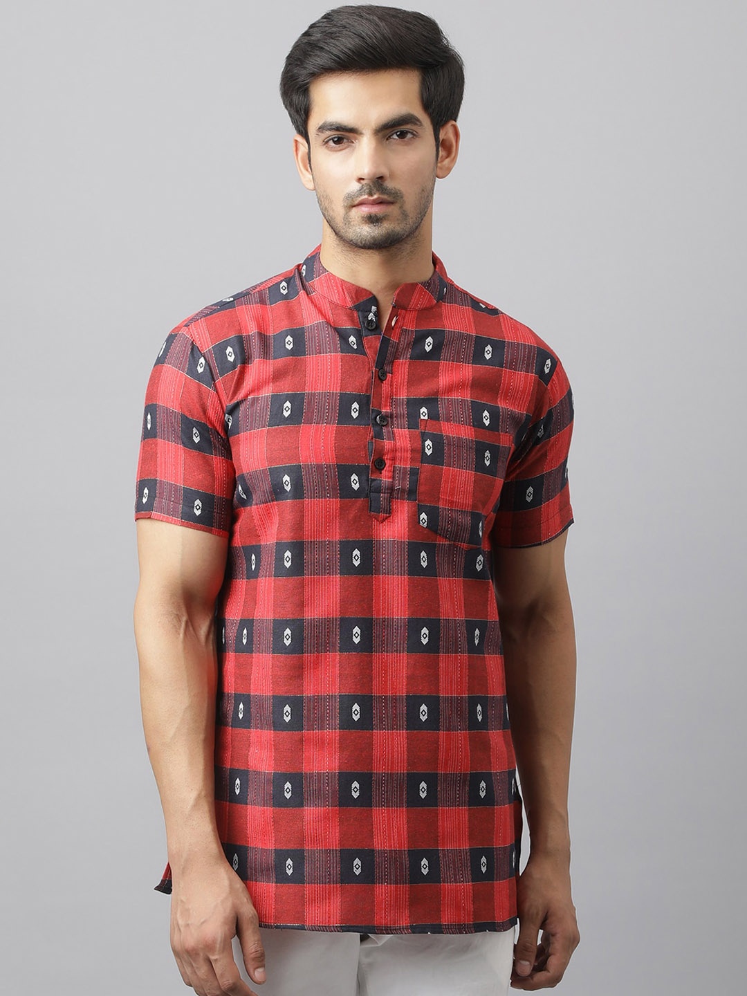 

Waahiba Men Red & Black Checked Indigo Handloom Pathani Kurta