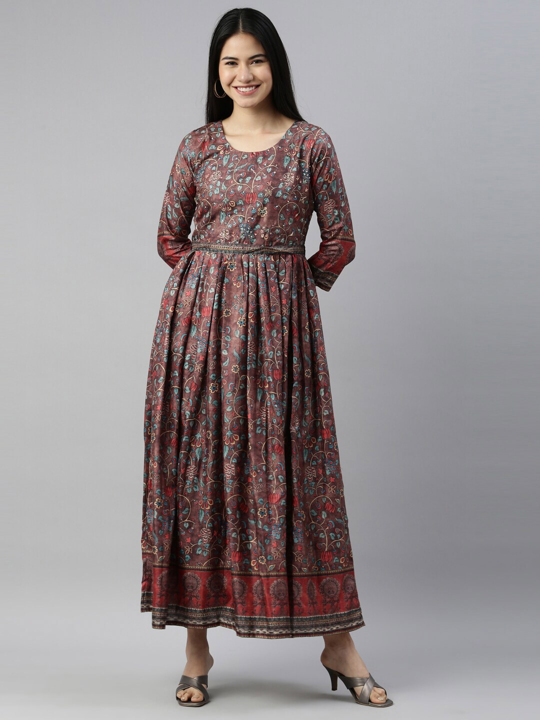 

Neerus Women Brown & Blue Ethnic Motifs Crepe Ethnic Maxi Dress