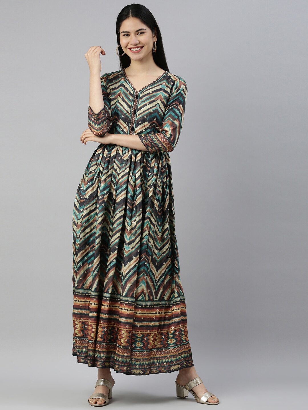 

Neerus Multicoloured Ethnic Motifs Crepe Maxi Dress, Multi