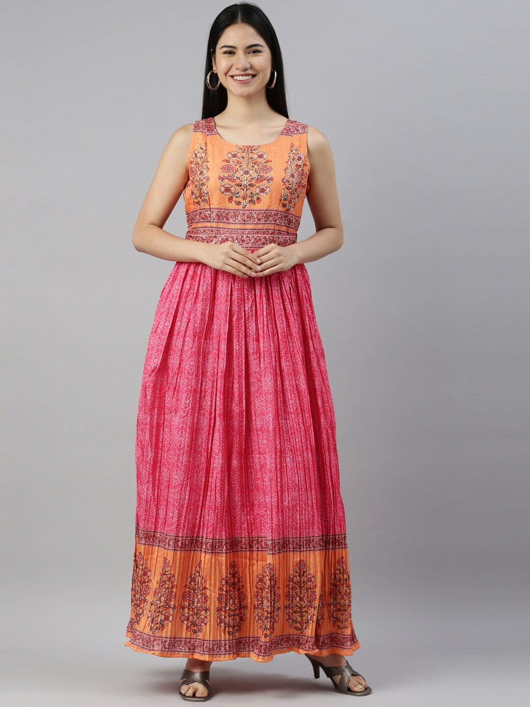 

Neerus Magenta & Orange Ethnic Motifs Crepe Maxi Dress