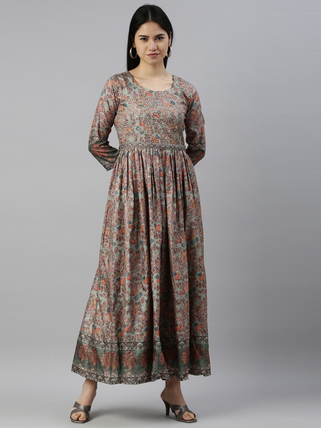 

Neerus Olive Green Floral Crepe Maxi Dress