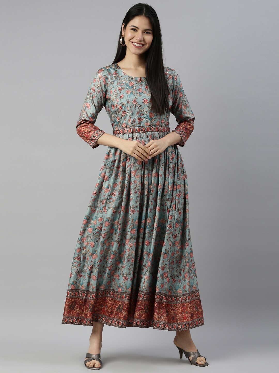 

Neerus Sea Green & Maroon Ethnic Motifs Crepe Empire Maxi Dress
