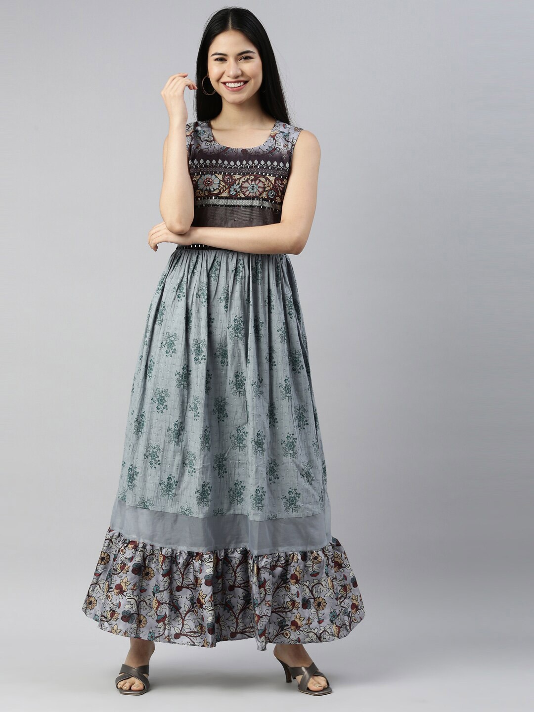 

Neerus Grey Ethnic Motifs Maxi Dress