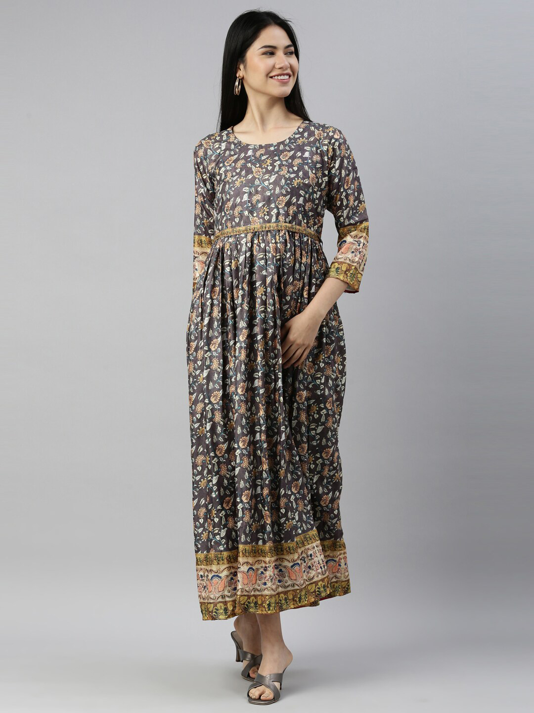 

Neerus Women Grey Ethnic Motifs Crepe Maxi Dress