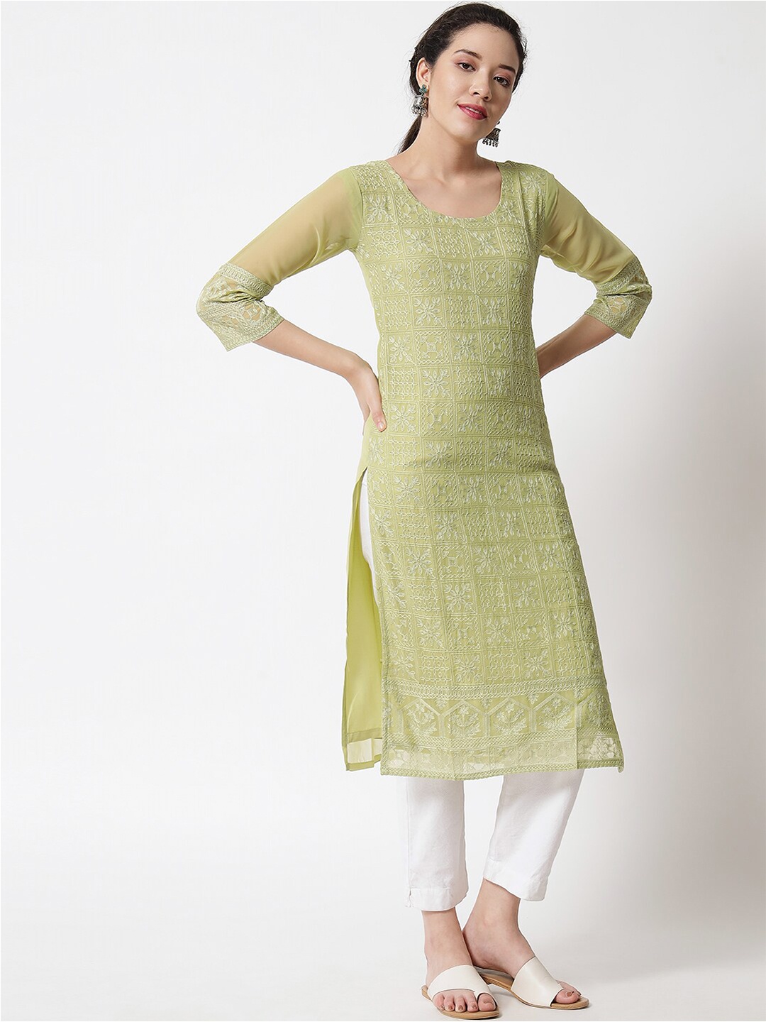 

VAIRAGEE Women Olive Green Geometric Embroidered Thread Work Georgette Kurta