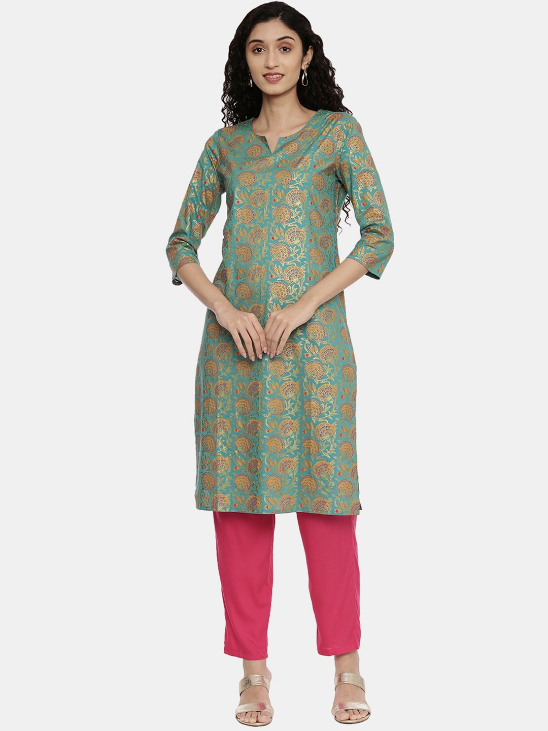 

R&B Women Blue Ethnic Motifs Printed Keyhole Neck Thread Work Kurta