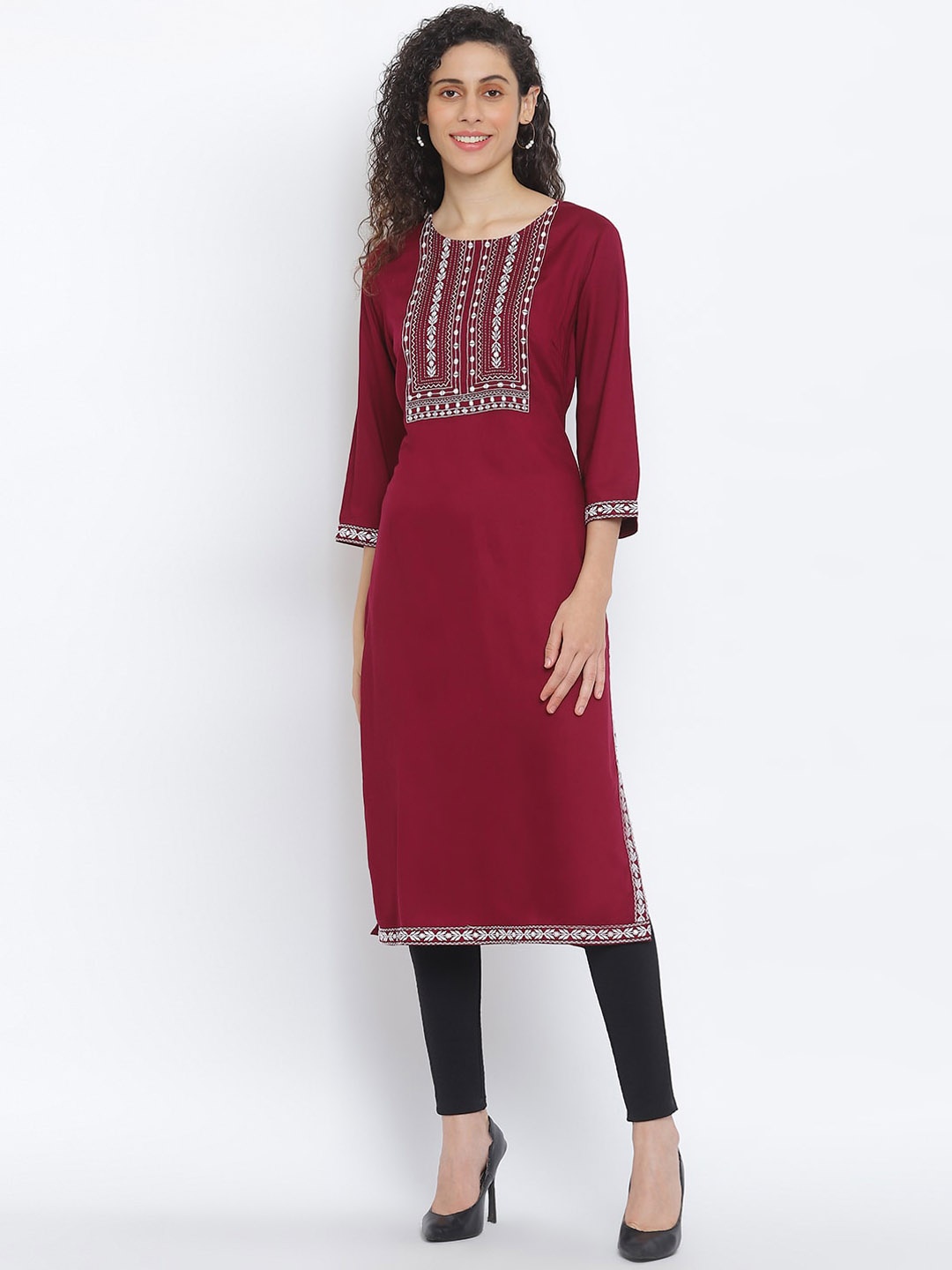 

R&B Women Red Geometric Embroidered Kurta