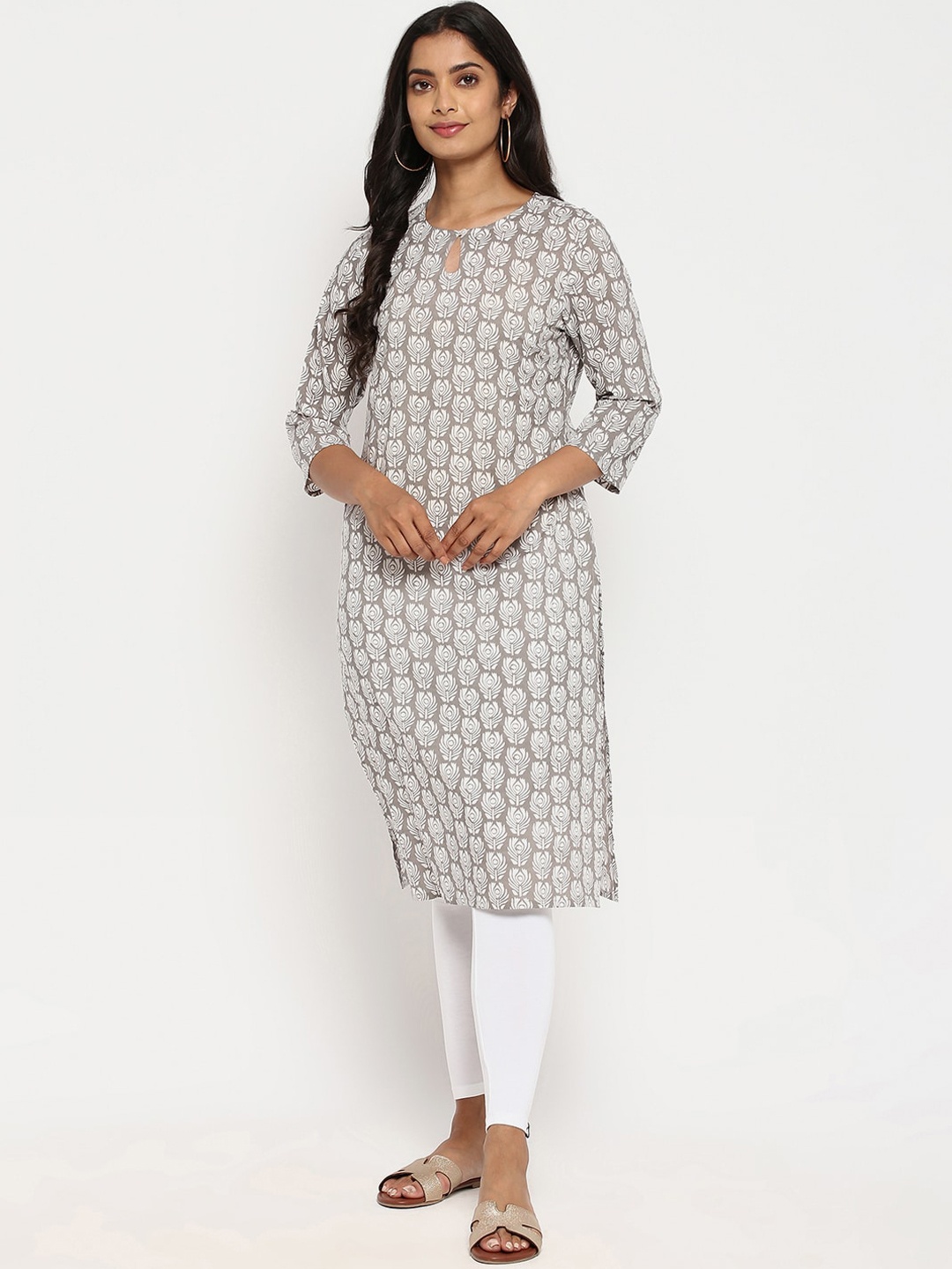 

R&B Women Grey & White Ethnic Motifs Printed Keyhole Neck Cotton Kurta